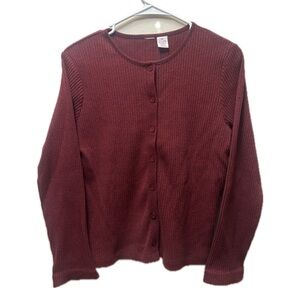 Ribbed Burgundy Cardigan Button Front Fitted Soft Knit Medium